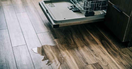 image of a flooded dishwasher with water on the floor